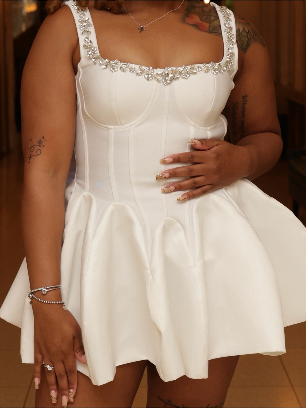 AKIRA White Satin Corset Mini Dress with Crystal Trim